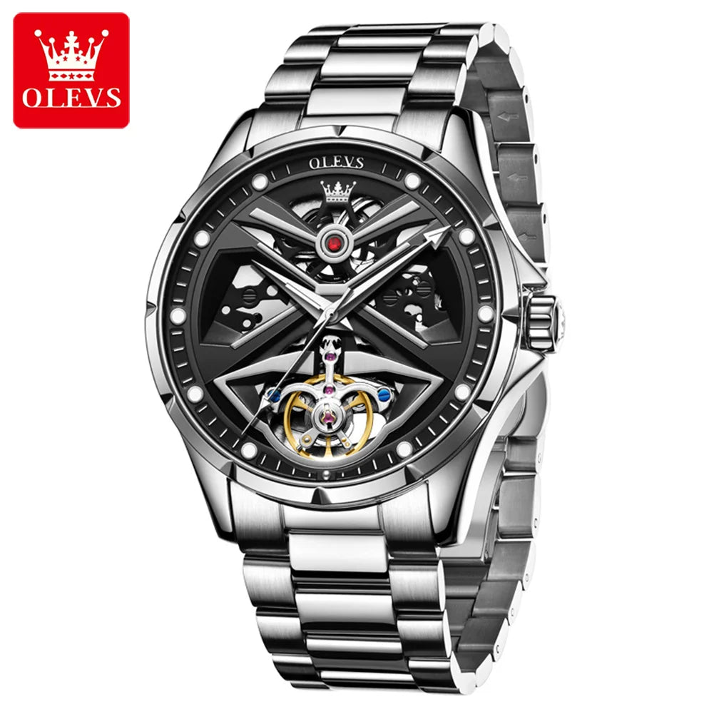 Orologio da uomo OLEVS 6655, modello scheletrato completamente automatico; orologio da polso meccanico di lusso, luminescente e impermeabile.