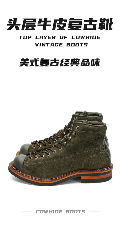 KOWM Cowhide Hiking Shoes Men's Walking Boot British Trekking Shoes Thick-Soled Cowhide High-Top Motorcycle Boots Ankle Sneakers