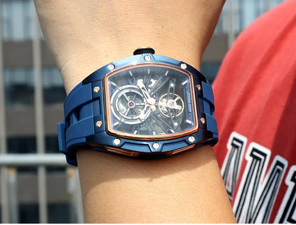 Reloj de pulsera MINI FOCUS para hombre, negro, a la moda, resistente al agua, mecánico automático, con manecillas luminosas, correa de silicona y esfera tonneau