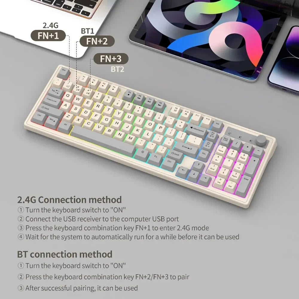 Dual Bluetooth Keyboard 2.4G Wireless Keyboard RGB Backlight Rechargeable Gaming Keyboard For MacBook iPad Tablet PC Accessories