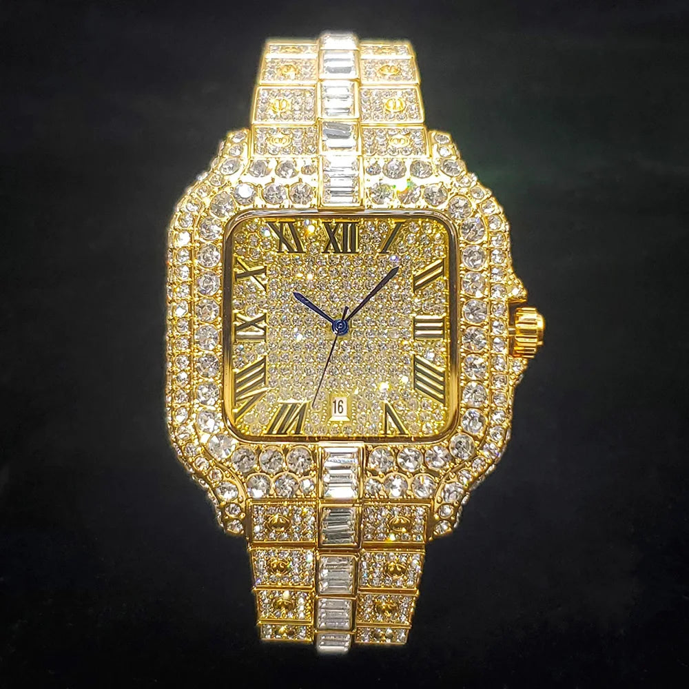Luxurious Full Diamond Watch For Men Popular Rose Gold Iced Out Quarz Watches Fashion Hip Hop Jewelry Reloj Hombre Dropshipping