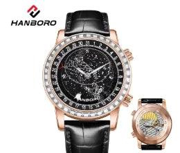 Orologio meccanico automatico da uomo, modello «Cielo stellato»: design scheletrato, stile costellazione, cassa in acciaio inossidabile, quadrante in rilievo, funzione luminescente e impermeabilità.