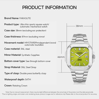 Montre de luxe automatique pour homme FARASUTE, mouvement Miyota9019, ultra-fine (8,9 mm), luminescente, étanche à 5 ATM