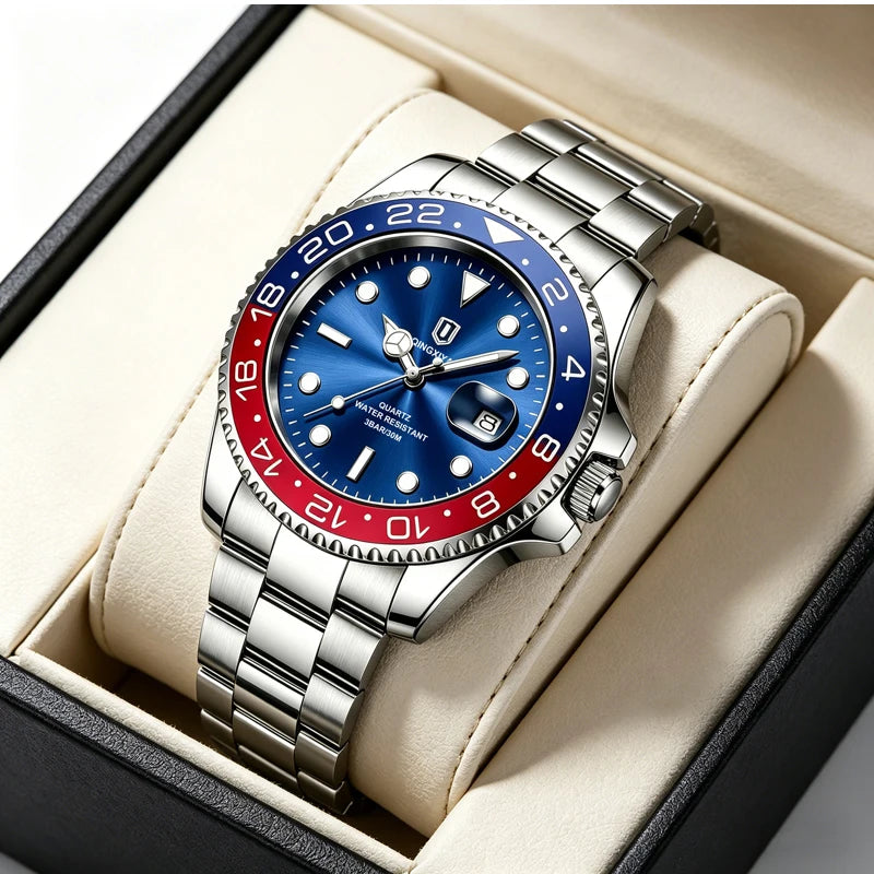 QINGXIYA Montres de luxe à quartz pour homme en acier inoxydable, étanches, avec date luminescente, montre-bracelet pour homme, reloj hombre