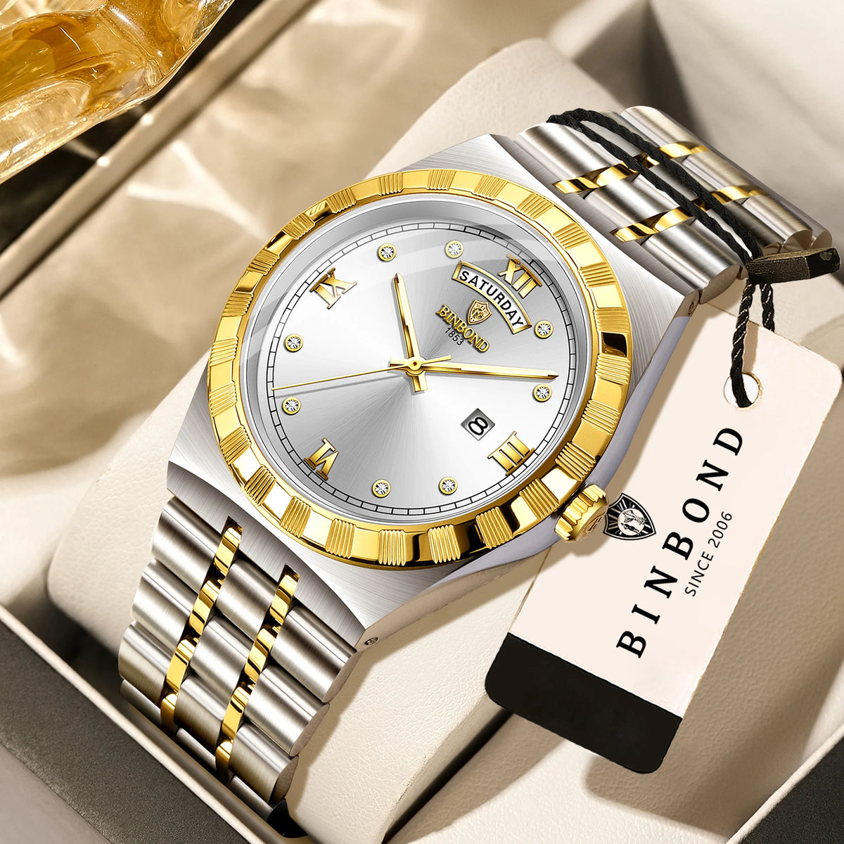 Orologio da uomo del marchio originale BINBOND – Orologio da polso al quarzo, modello di lusso, impermeabile e luminescente.