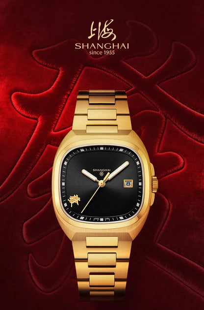 Montre mécanique vintage Shanghai Square, montre automatique pour homme en or 24 carats, boîtier de 38 mm, acier inoxydable 316L, montre-bracelet de luxe SH030