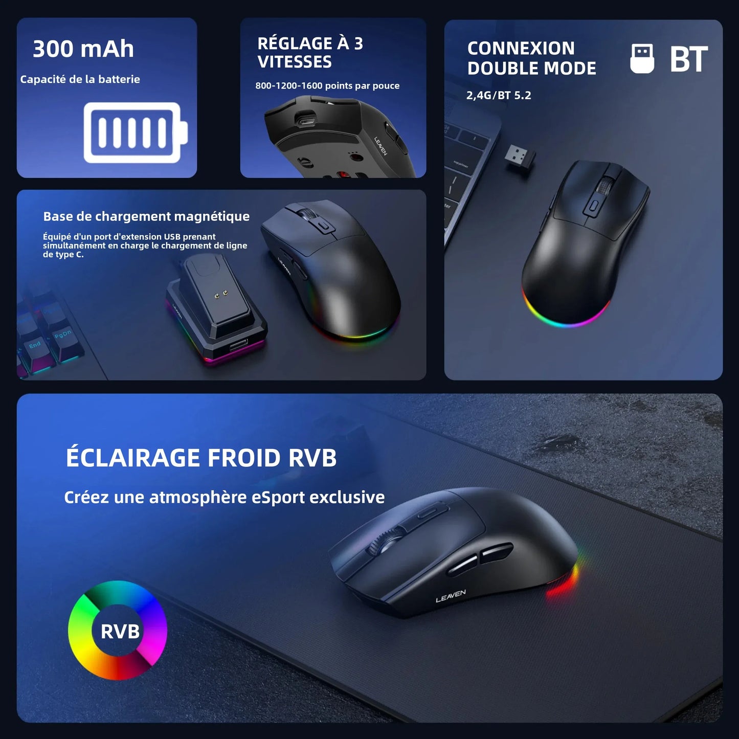 Dual-Mode Wireless Mouse | Magnetic Charging Dock | RGB Backlit | 3-Speed DPI (800-1200-1600) | 2.4G/BT | Suitable for daily use