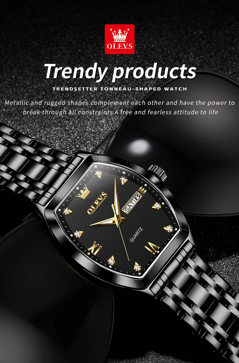 OLEVS Nouvelles montres pour homme Montres à quartz de luxe en or Montres classiques à cadran tonneau Montres à quartz étanches et luminescentes pour homme 5528
