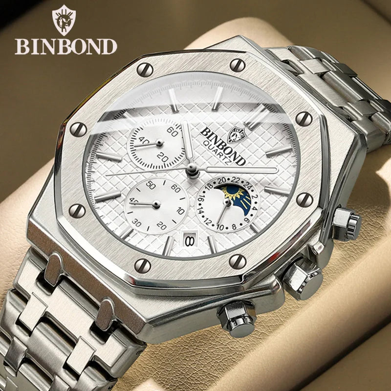 Montre-bracelet à quartz BINBOND pour homme, chronographe de luxe luminescent, en acier inoxydable, étanche, avec date et calendrier