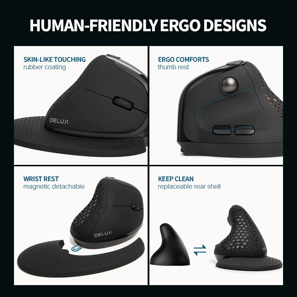 Delux M618XSD Seeker Ergonomic Vertical Mouse with OLED Screen 4000DPI Rechargeable 1000mA Removable Back Cover For Computer