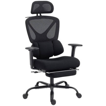 Ergonomic office chair with wheels, mesh fabric, lumbar support, adjustable armrests, and headrest.