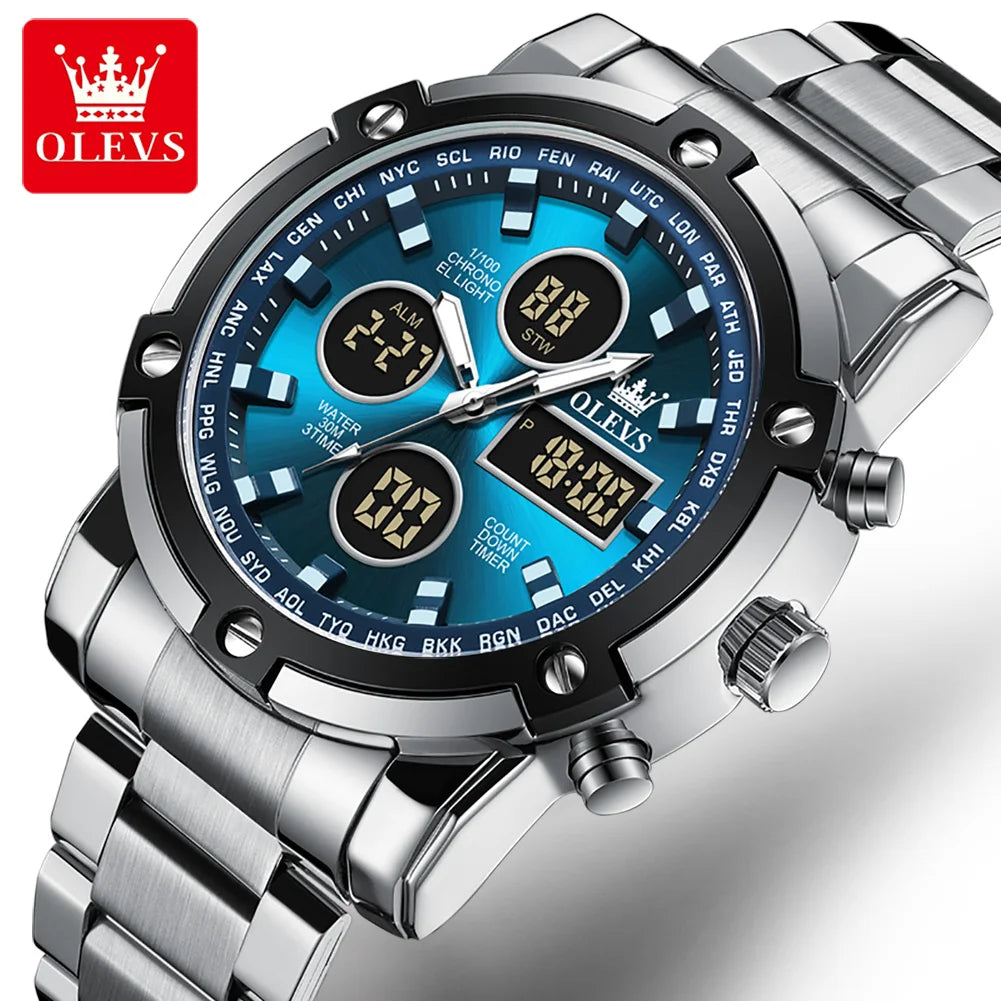 Orologio da uomo OLEVS – Orologio da polso al quarzo, impermeabile, in acciaio inossidabile, con display a LED – Stile sportivo e di tendenza (modello 1106)