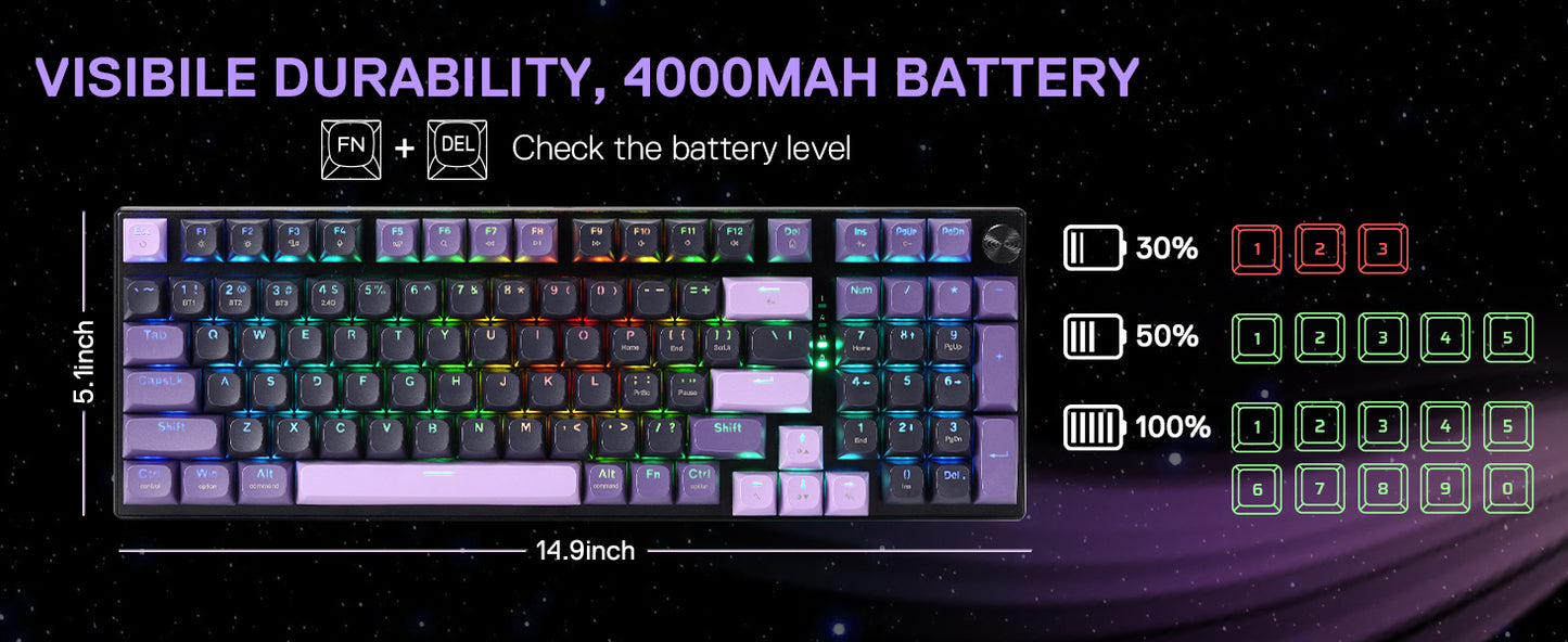 Redragon K740 PRO 98 Keys Wireless RGB Gaming Keyboard, 3-Mode PBT Mechanical Keyboard w/Solid Aluminum Base,